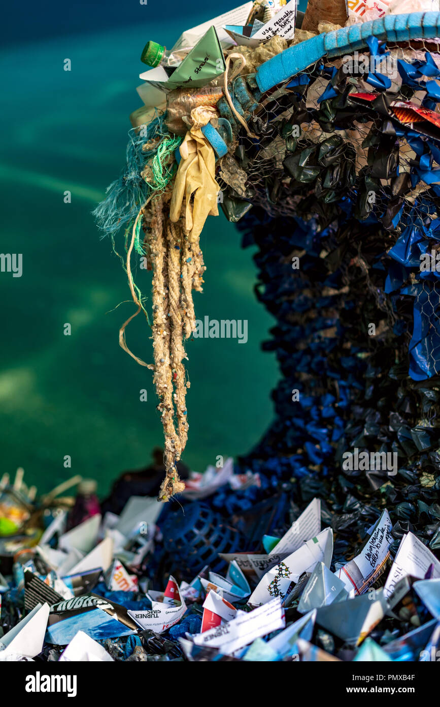 Installation at the Southampton Boat Show 2018 illustrating the amount of plastics in the oceans. Stock Photo
