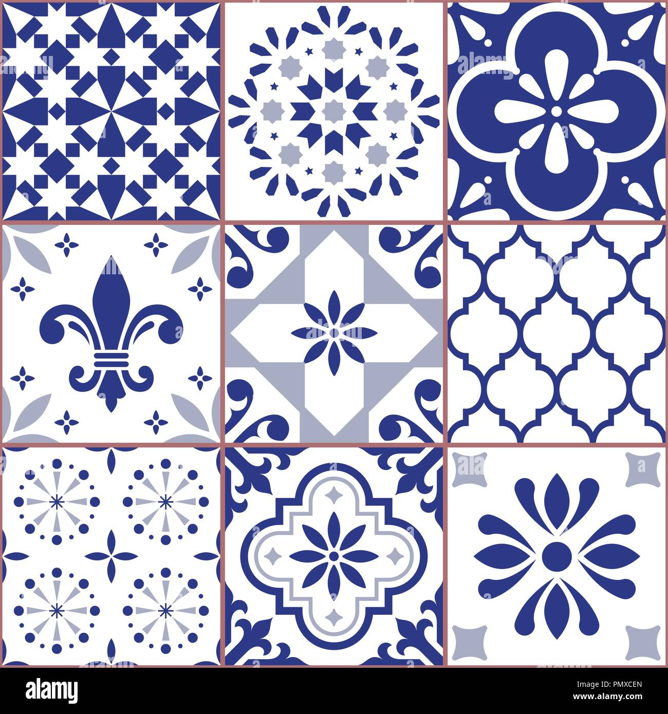 Portuguese vector tile seamless pattern, Azluejo tiles mosaic in navy blue, abstract and floral designs. Ornamental textile background Stock Vector