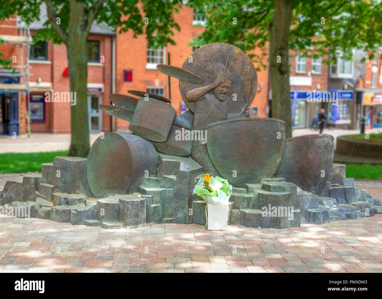 Tribute to Led Zeppelin drummer. John Bonham Memorial erected in his birth town of Redditch, Worcestershire Stock Photo