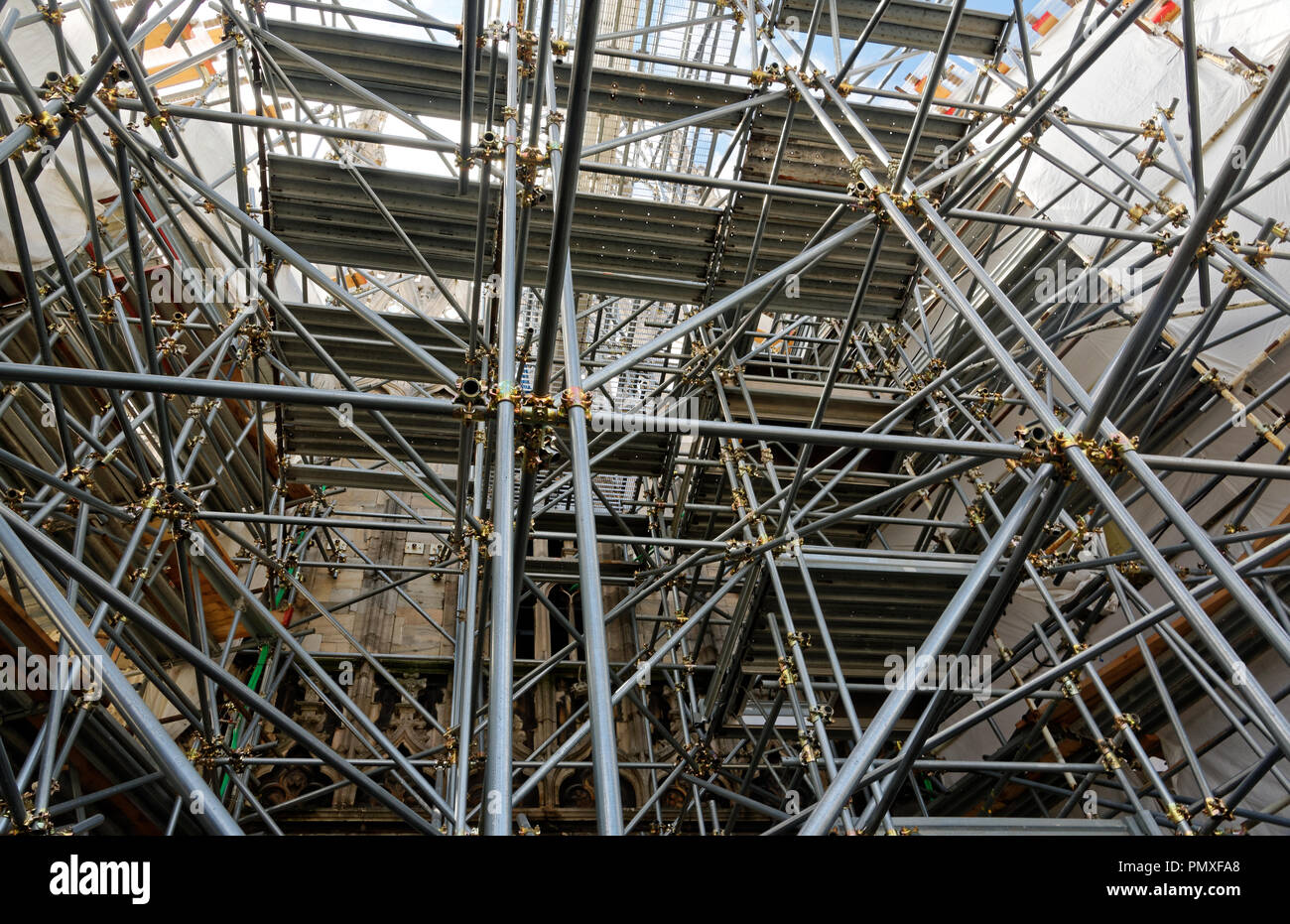 Scaffolding on Milan Cathedral in spring, April Stock Photo