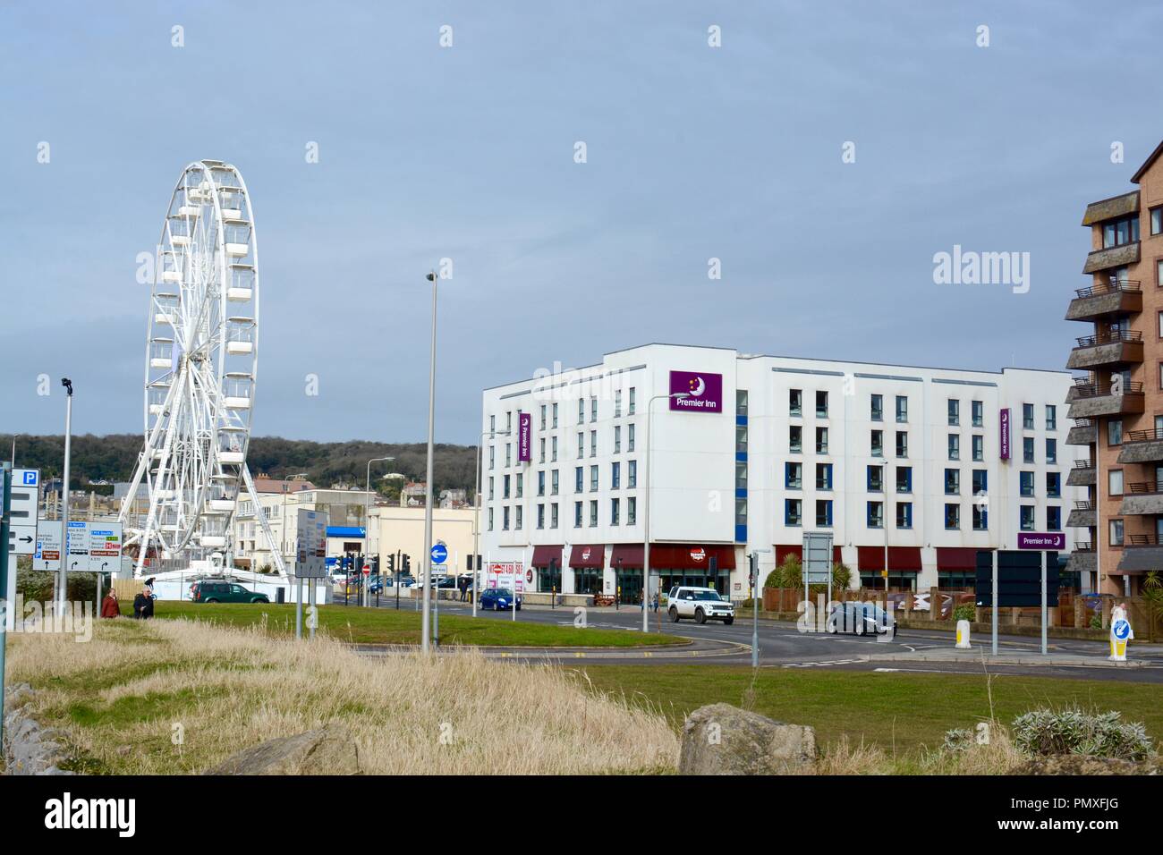 Weston Super Mare seafront, with Premier Inn hotel and Weston wheel in view, Weston Super Mare, Somerset, England, UK Stock Photo