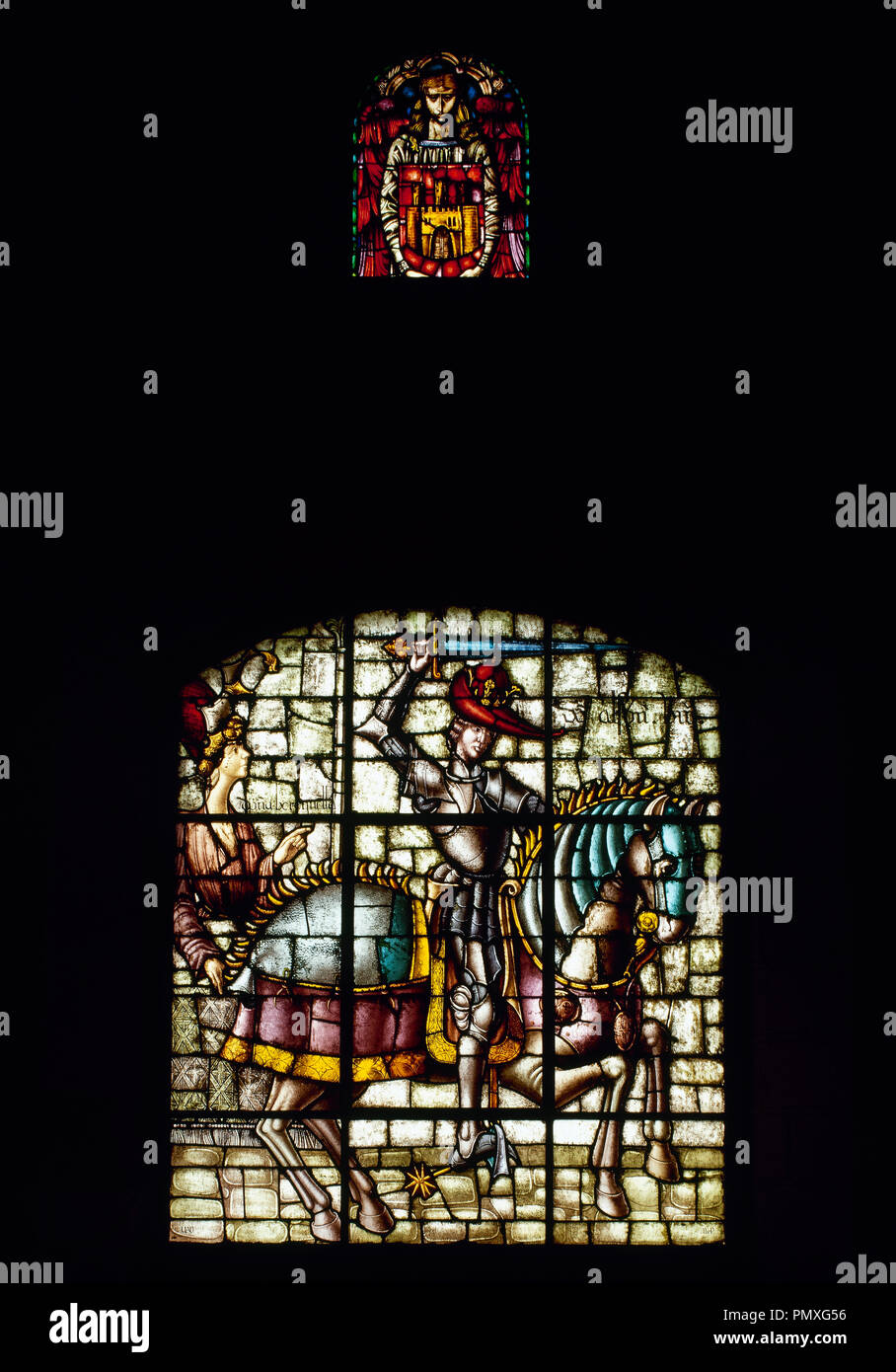 Alfonso VIII of Castile and Toledo (1155-1214) and his daughter Berengaria of Castile (1179-1180). Stained glass. Pineapple room. Alcazar. Segovia. Castile and Leon. Spain. Stock Photo