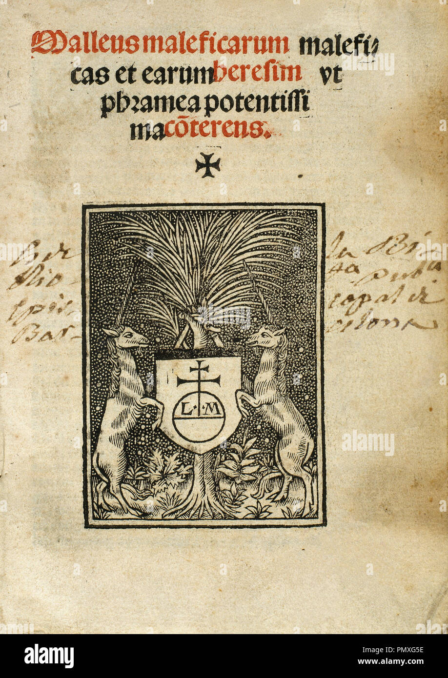 Malleus Maleficarum (1487), written by German churchman and inquisitor Heinrich Kramer or Henricus Institor (c.1430-1505). It describes witchcraft and processes for the extermination of witches, he was instrumental in establishing the period of witch trials in the early modern period. Cover page. Printed in Lyon, 1519 by Joannem Masson. Private Collection. Stock Photo