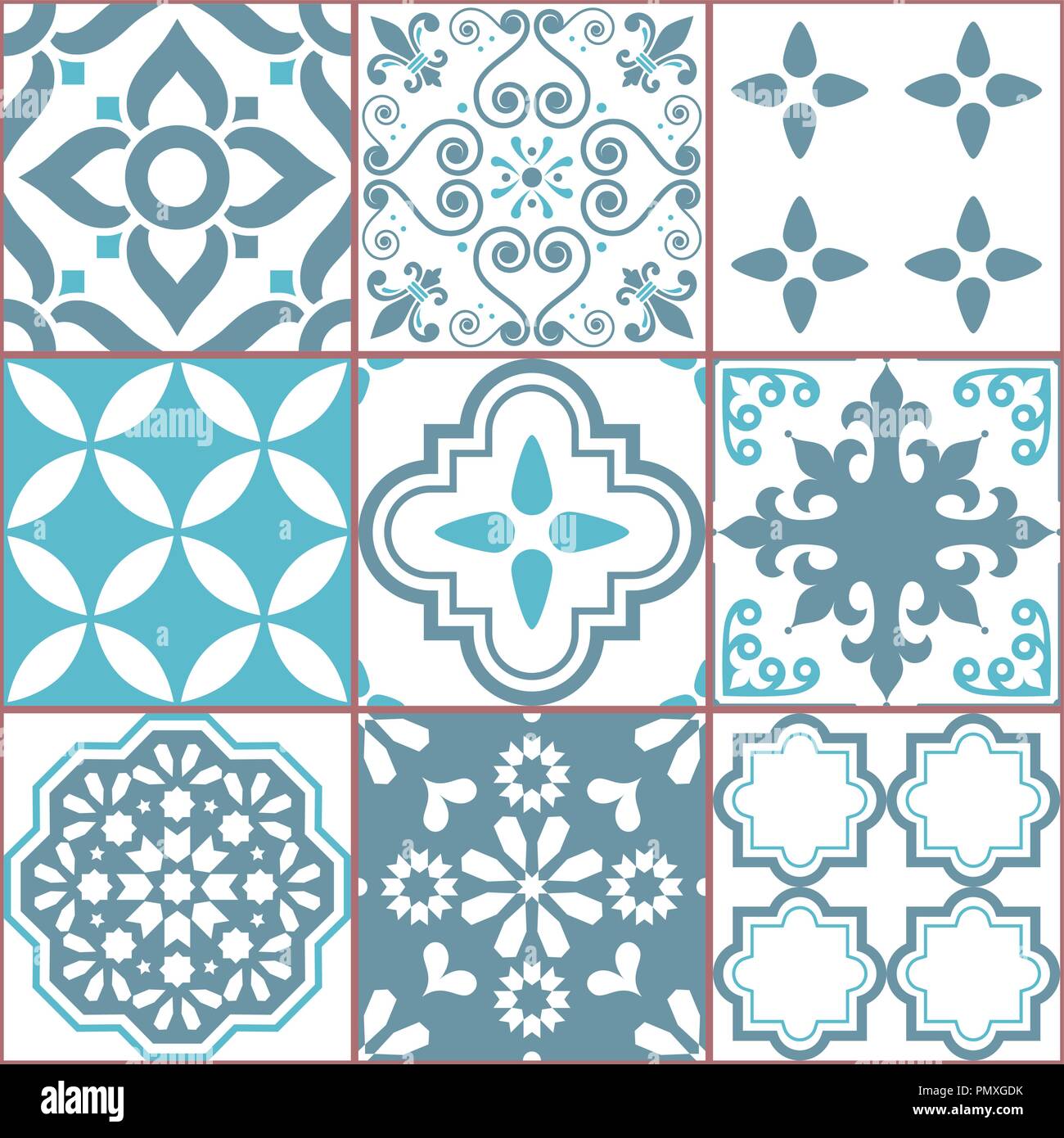 Tile vector seamless Azlejos pattern, Spanish or Portuguese mosaic in turquoise and gray, abstract and floral designs. Ornamental textile background. Stock Vector