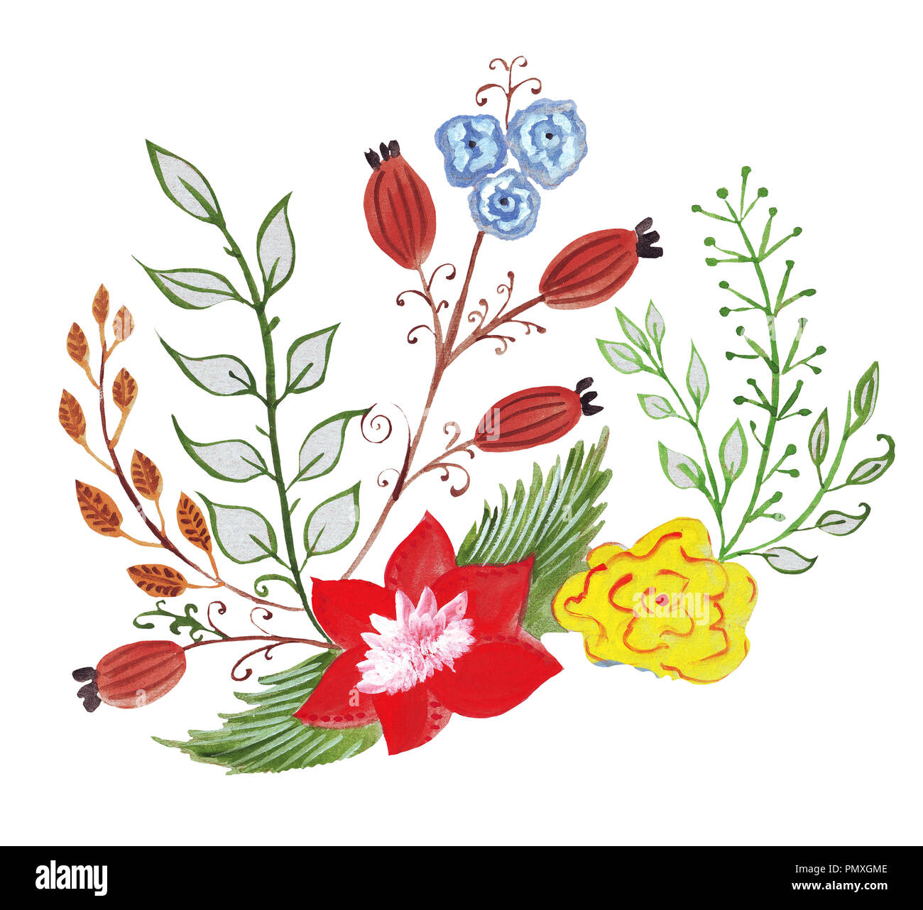 Illustration Of Pencil Drawing Bouquet Flowers In Bright Colors