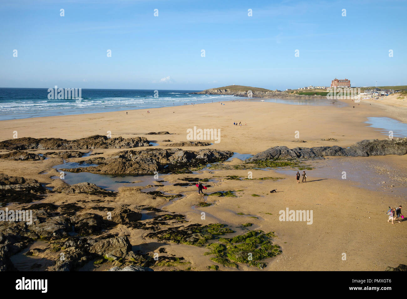 Fistral Beach, Newquay, Cornwall, UK, is uncrowded on a quiet sunny weekend in late summer Stock Photo