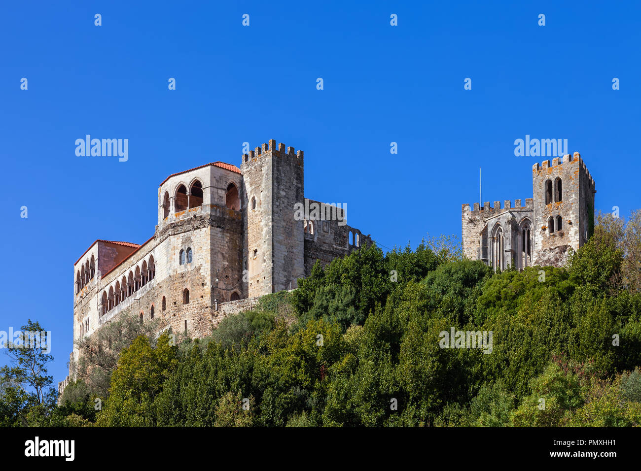 Medieval Leiria Castle built on top of a hill with a view over the Gothic Palatial Residence or Pacos Novos. A Templar Knights Castle. Portugal Stock Photo