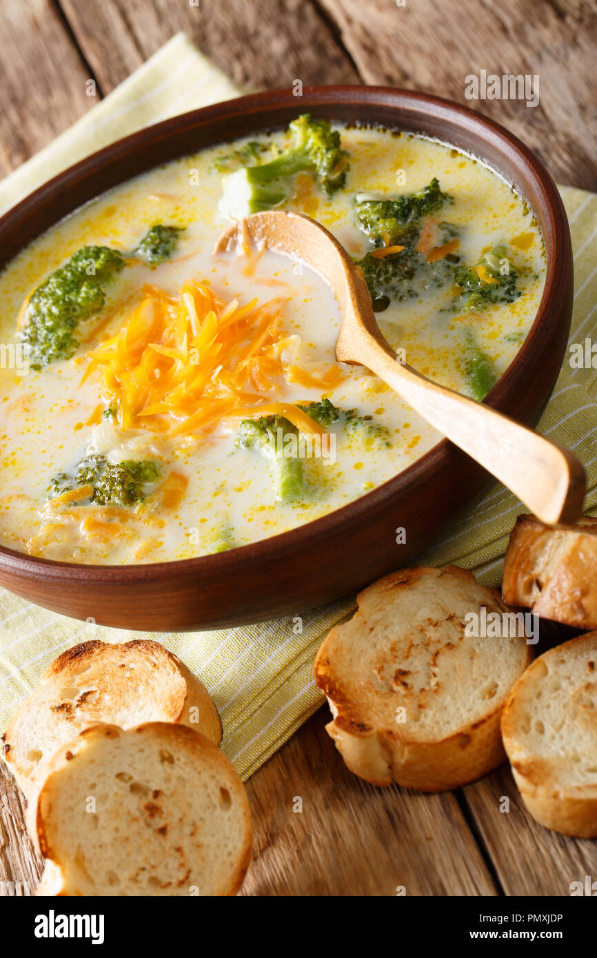 Hot Vegetable Broccoli Cheese Soup In A Bowl With Toasted Bread Closeup On A Table Vertical Stock Photo Alamy