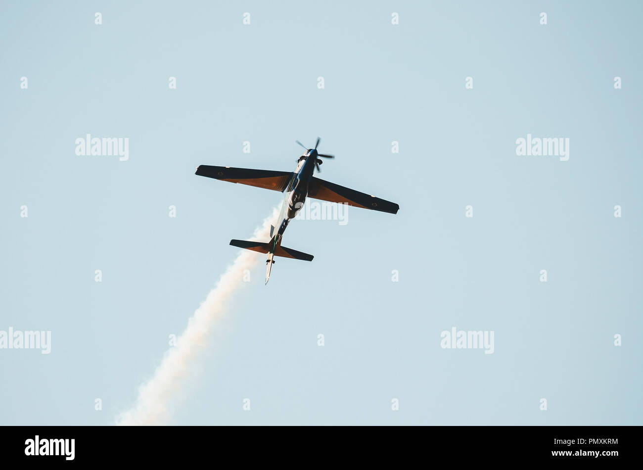 Campo Grande, Brazil - September 09, 2018: FAB Esquadrilha da Fumaca airplane presenting, doing aerial acrobatics at Base Aerea. A-29 Super Tucano pla Stock Photo