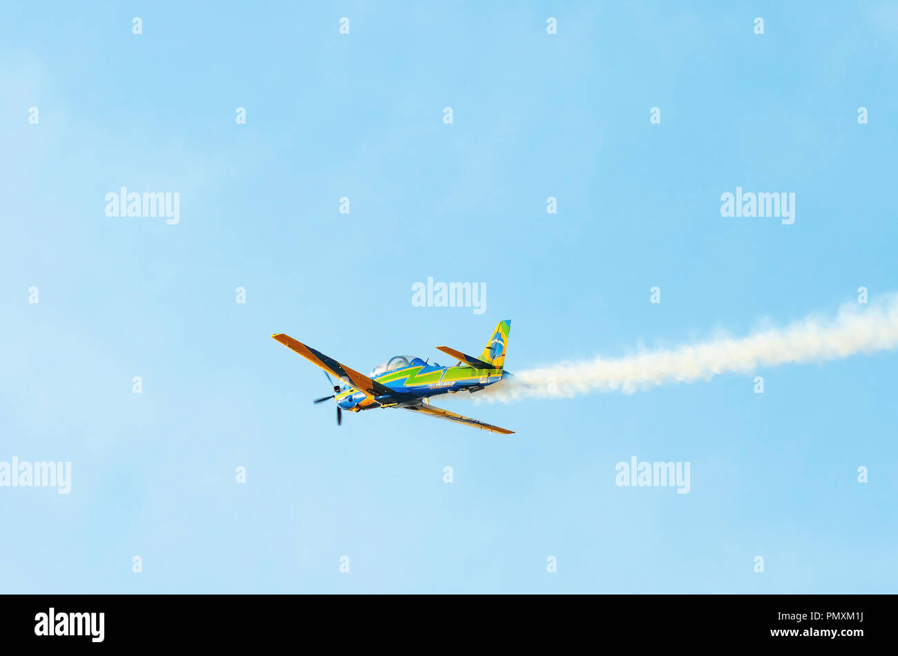 Campo Grande, Brazil - September 09, 2018: FAB Esquadrilha da Fumaca airplane presenting, doing aerial acrobatics at Base Aerea. A-29 Super Tucano pla Stock Photo