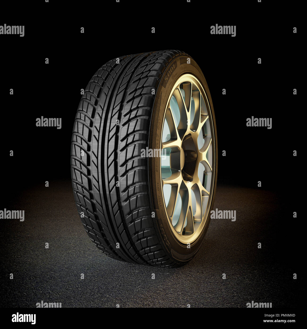 tire with golden rim 3d rendering image Stock Photo