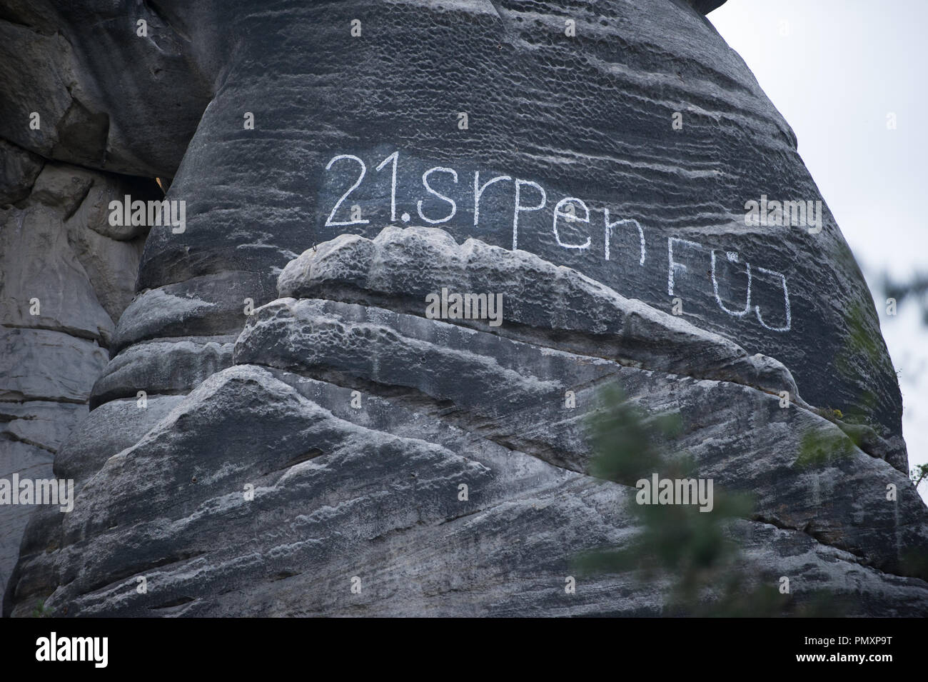 CZECH REPUBLIC, ADRSPACH, August 2018. The Sandstone Rock with Text: 21. srpen fuj. Stock Photo
