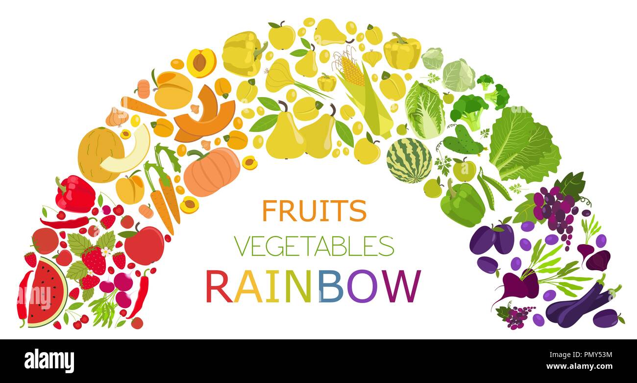 Fruits and vegetables. Nutrition rainbow. Icon set. Vector illustration ...