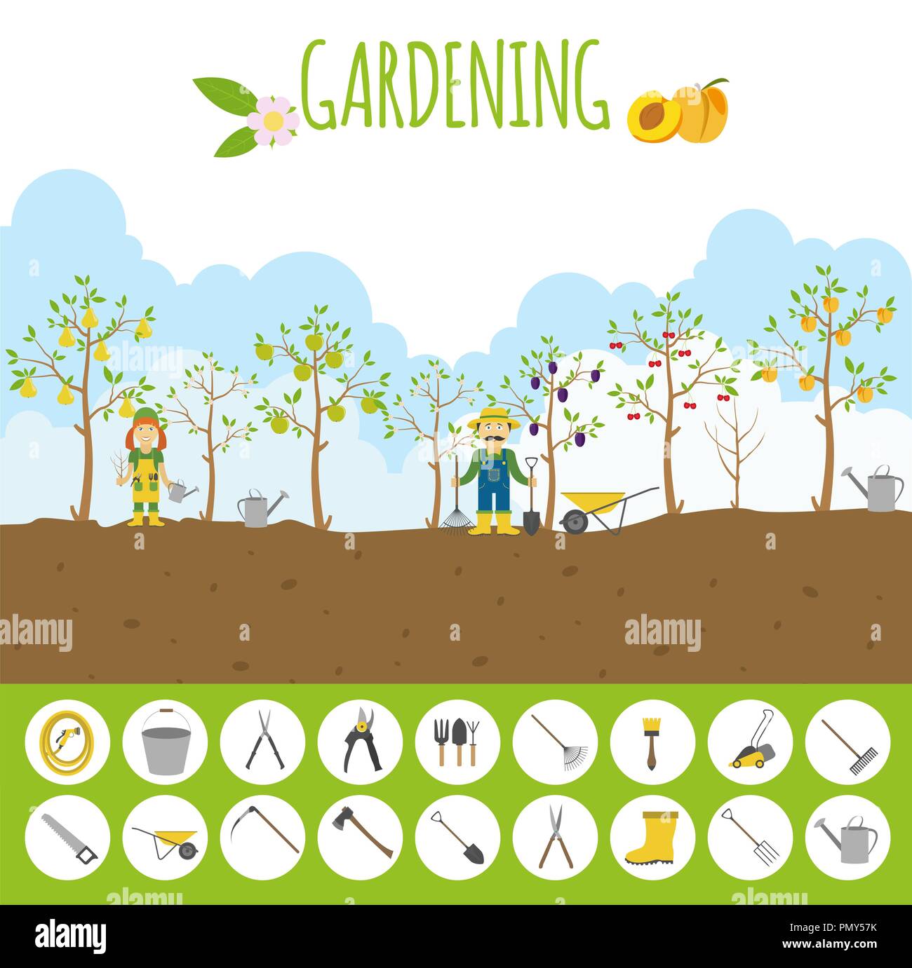 Gardening work, farming infographic. Graphic template. Flat style design. Vector illustration Stock Vector