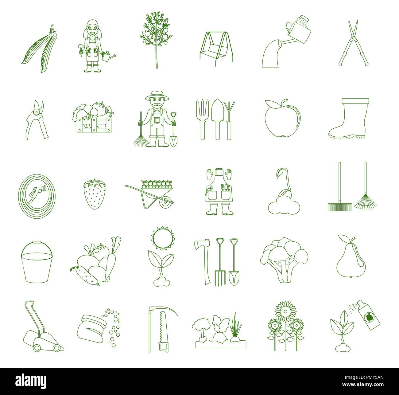 Gardening work, farming icon set. Outline linear style design. Vector ...