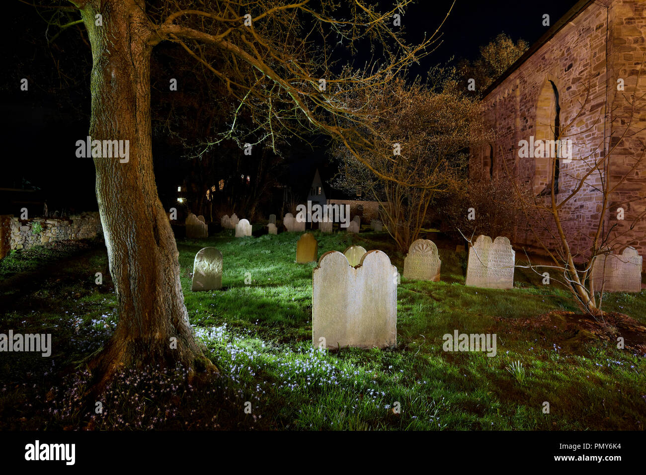 Old gravestones in the cemetery of the Stiepeler village church in Bochum. Stock Photo