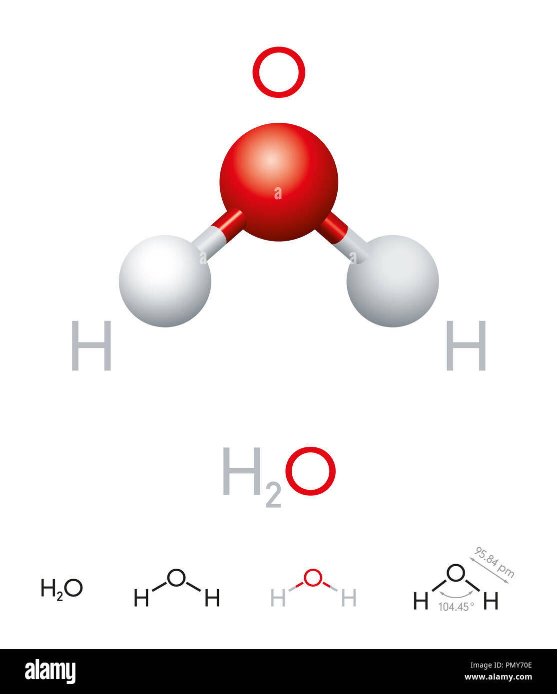 H2O. Water molecule model, chemical formula, ball-and-stick model, geometric structure and structural formula. Polar inorganic compound. Stock Photo