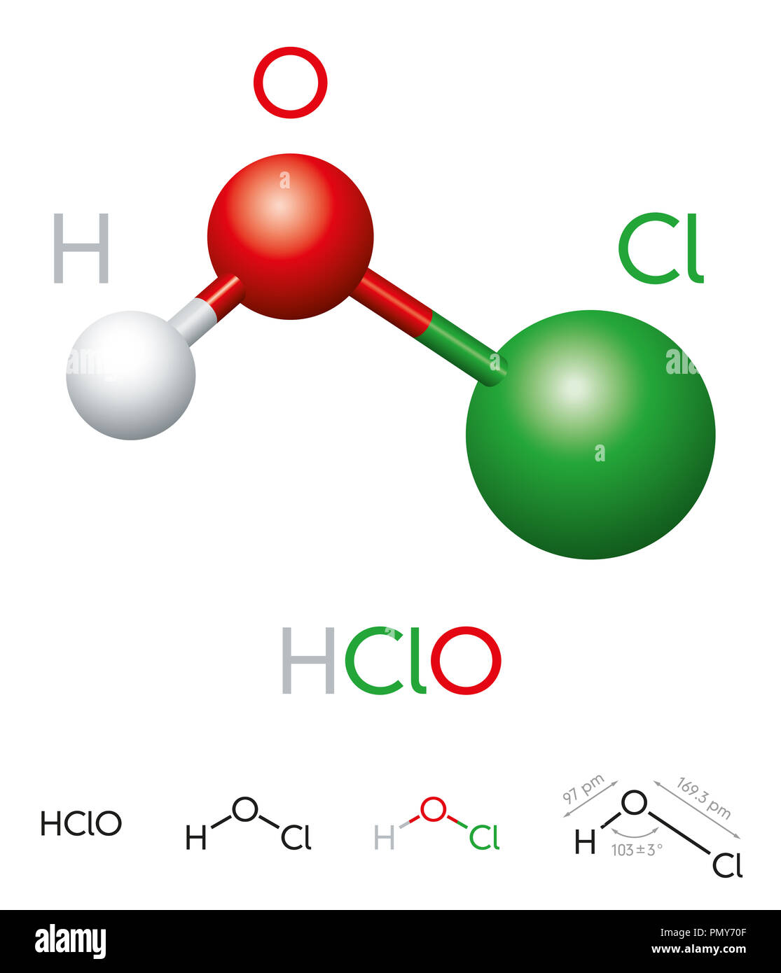 HClO. Hypochlorous acid. Molecule model, chemical formula, ball-and-stick model, geometric structure and structural formula. Weak acid. Illustration. Stock Photo