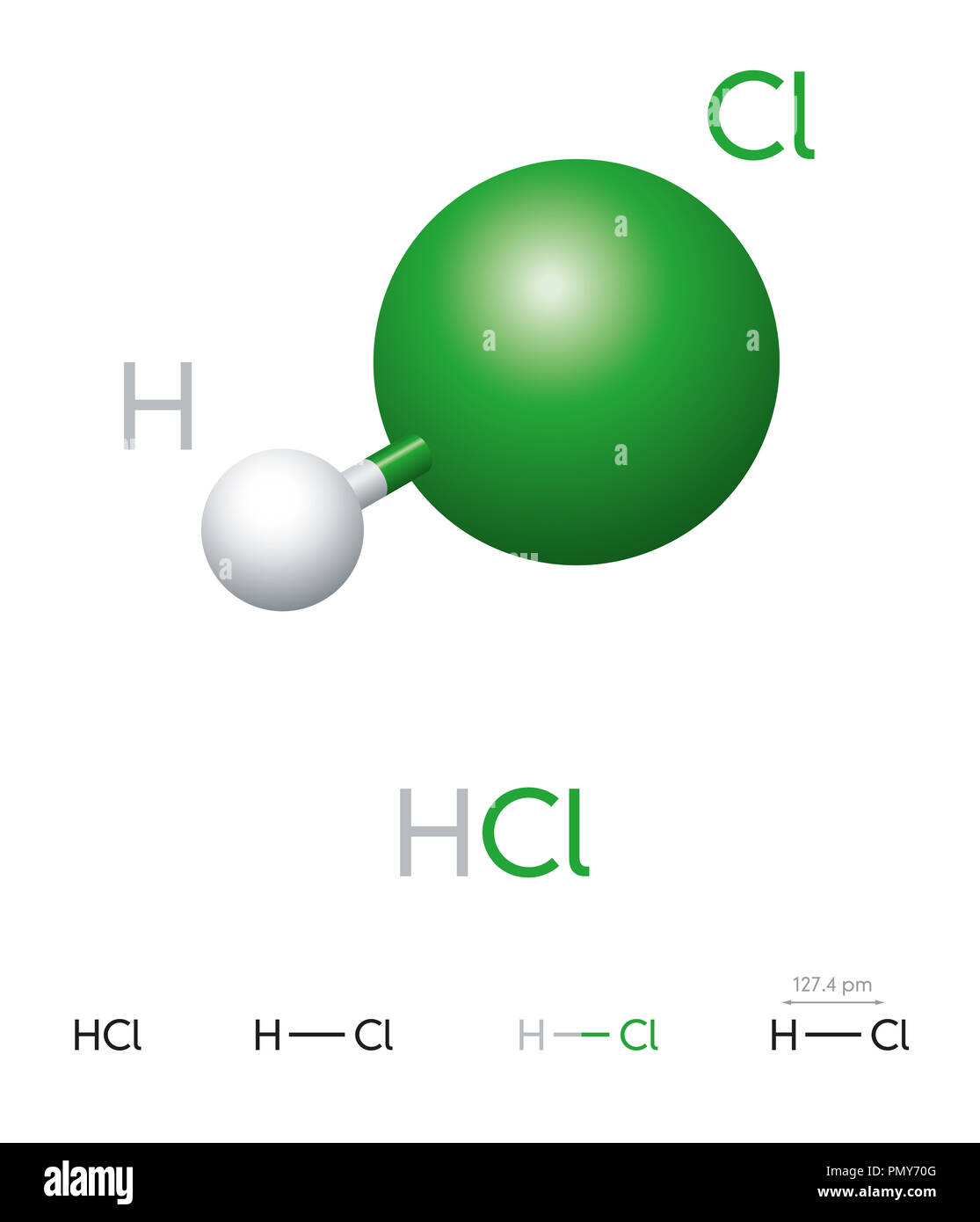 HCl. Hydrogen chloride. Molecule model, chemical formula, ball-and-stick model, geometric structure and structural formula. Hydrogen halide. Stock Photo