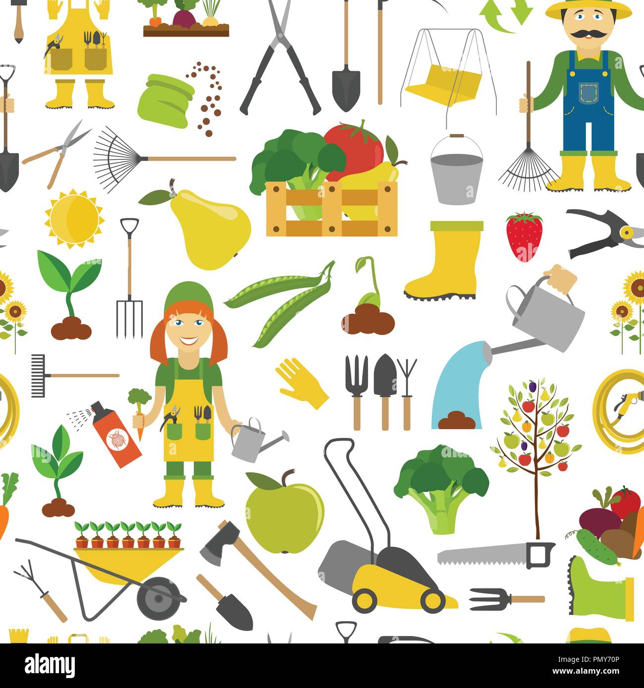 Gardening work, farming seamless pattern. Flat style design. Vector illustration Stock Vector