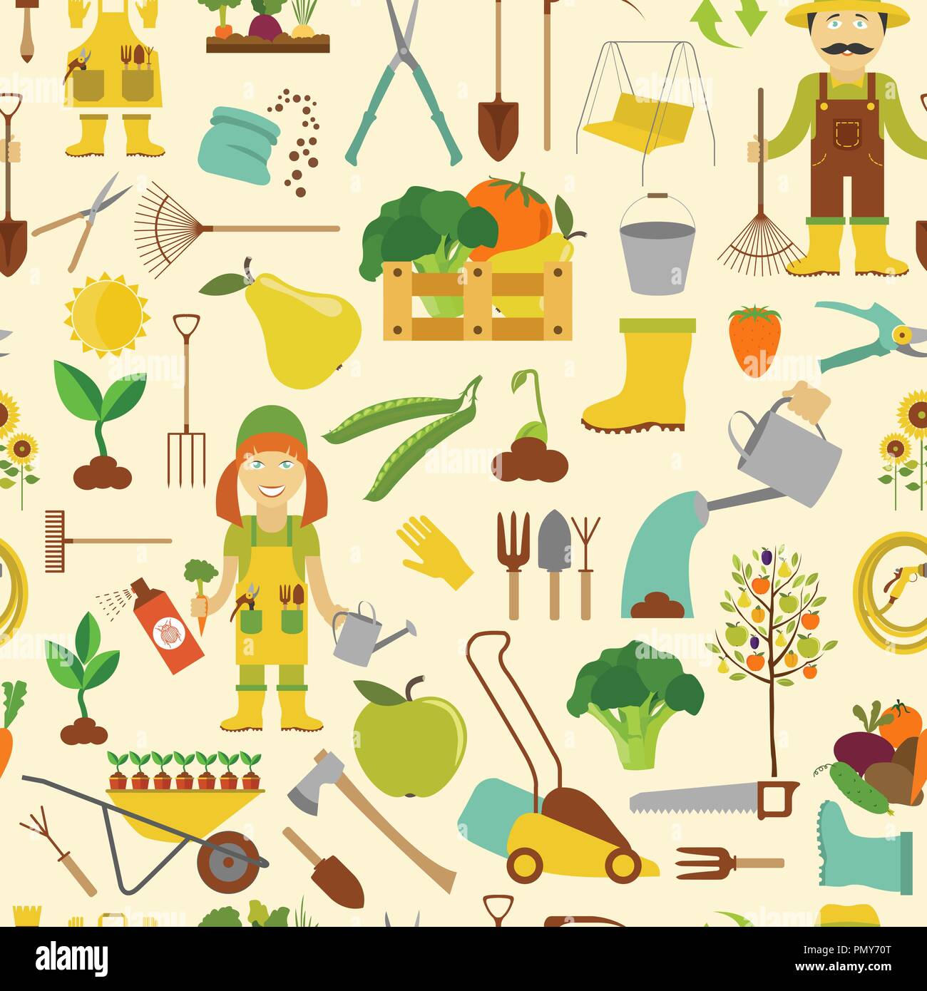 Gardening work, farming seamless pattern. Flat style design. Vector illustration Stock Vector