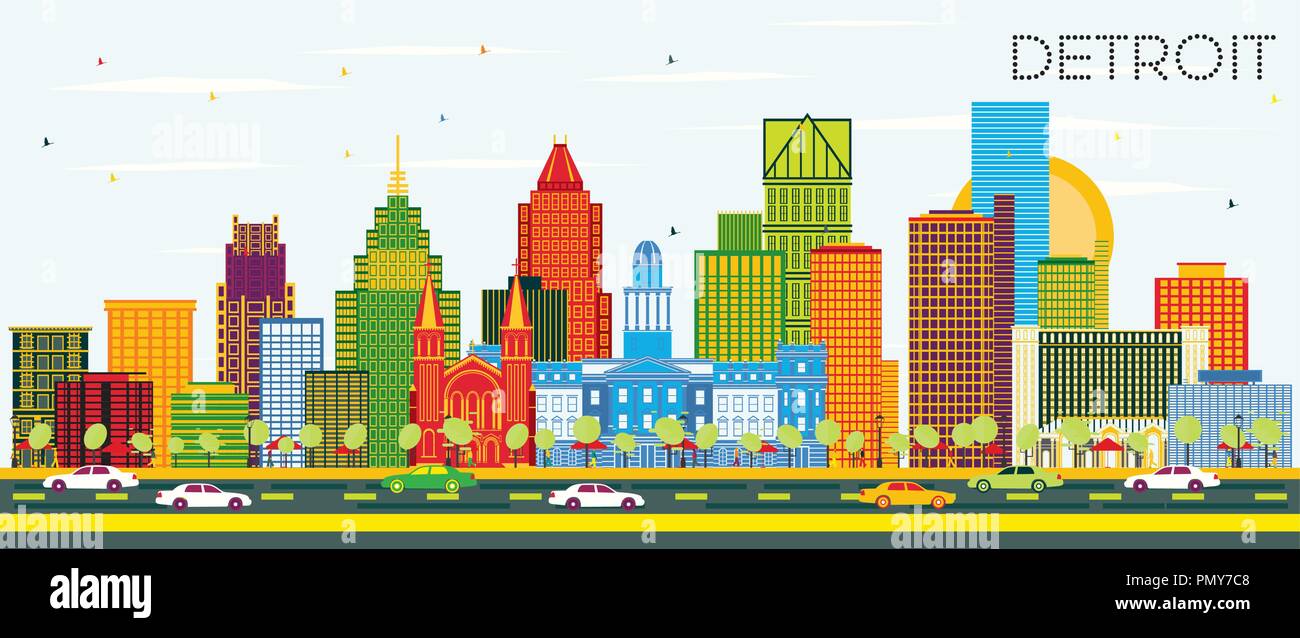 Detroit Michigan City Skyline with Color Buildings and Blue Sky. Vector Illustration. Business Travel and Tourism Concept with Modern Architecture. Stock Vector
