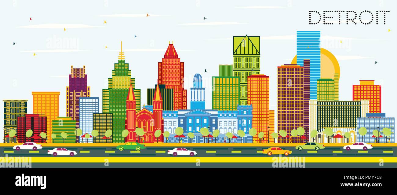 Detroit Michigan City Skyline with Color Buildings and Blue Sky. Vector ...