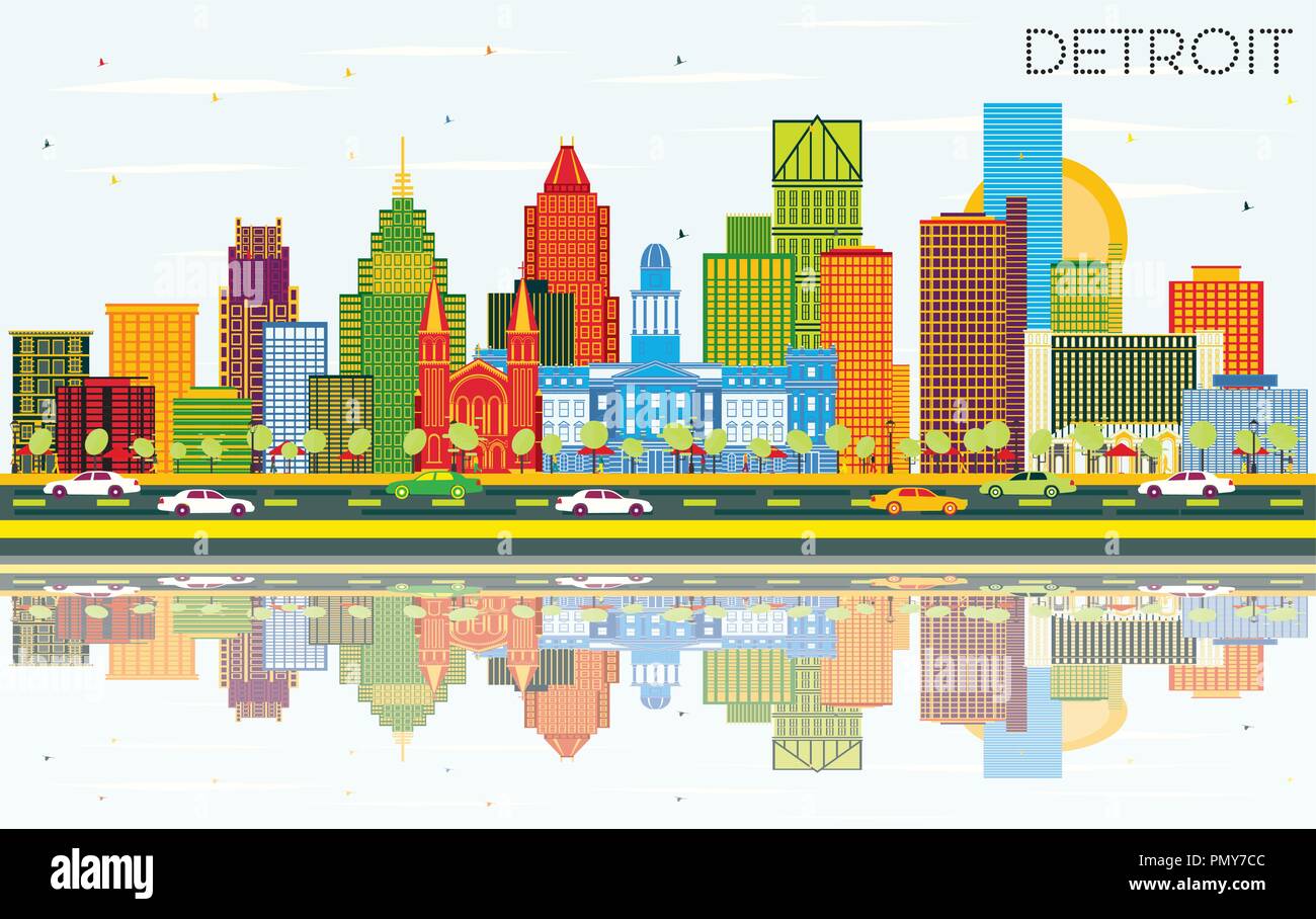 Detroit Michigan City Skyline with Color Buildings, Blue Sky and Reflections. Vector Illustration. Business Travel and Tourism Concept Stock Vector