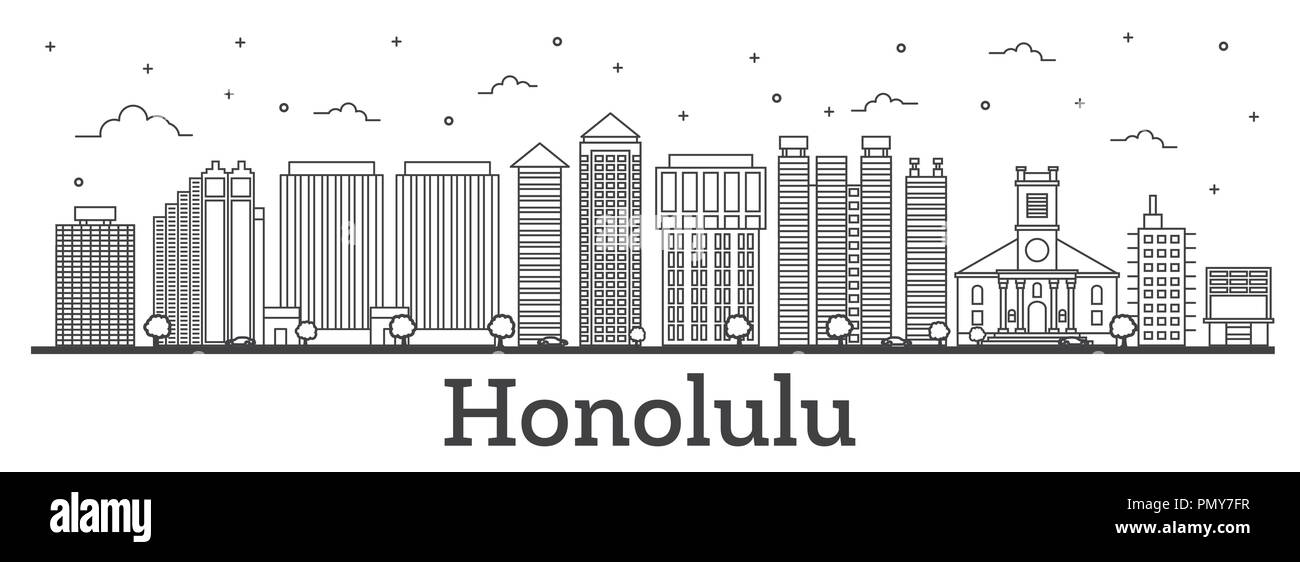 Outline Honolulu Hawaii City Skyline with Modern Buildings Isolated on White. Vector Illustration. Honolulu Cityscape with Landmarks. Stock Vector