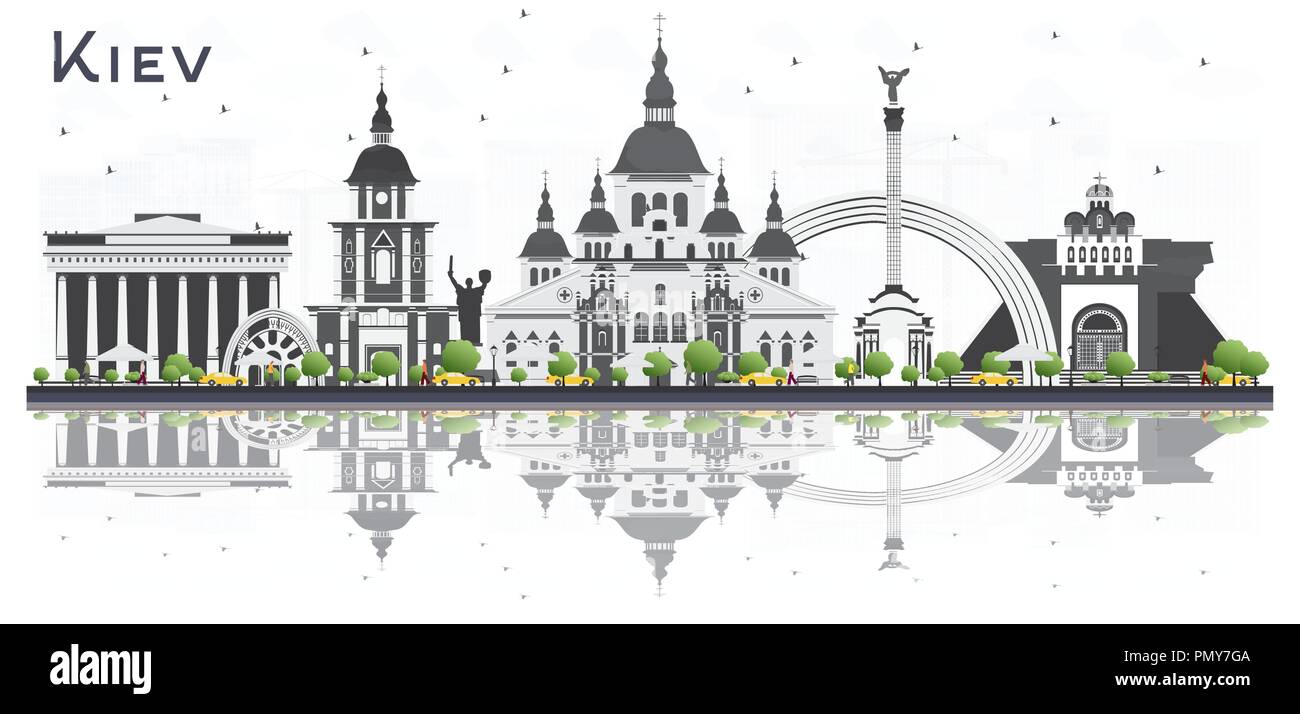 Kiev Ukraine City Skyline with Gray Buildings and Reflections Isolated on White Background. Vector Illustration. Stock Vector