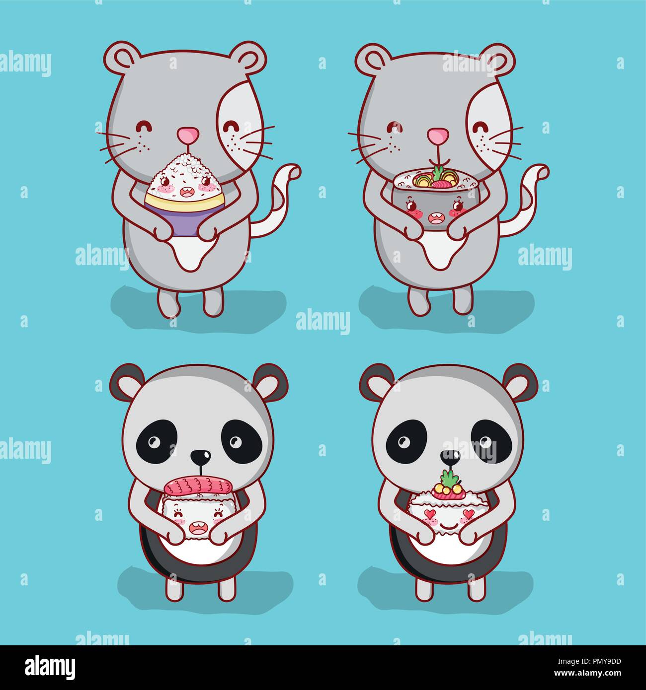 Cats and panda with food Stock Vector
