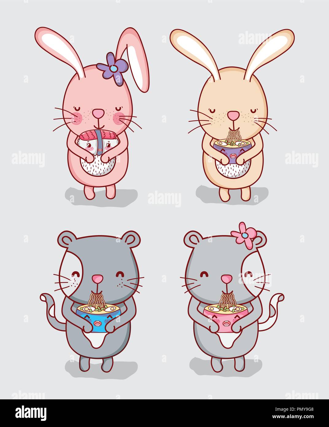 Rabbits and cats with food Stock Vector
