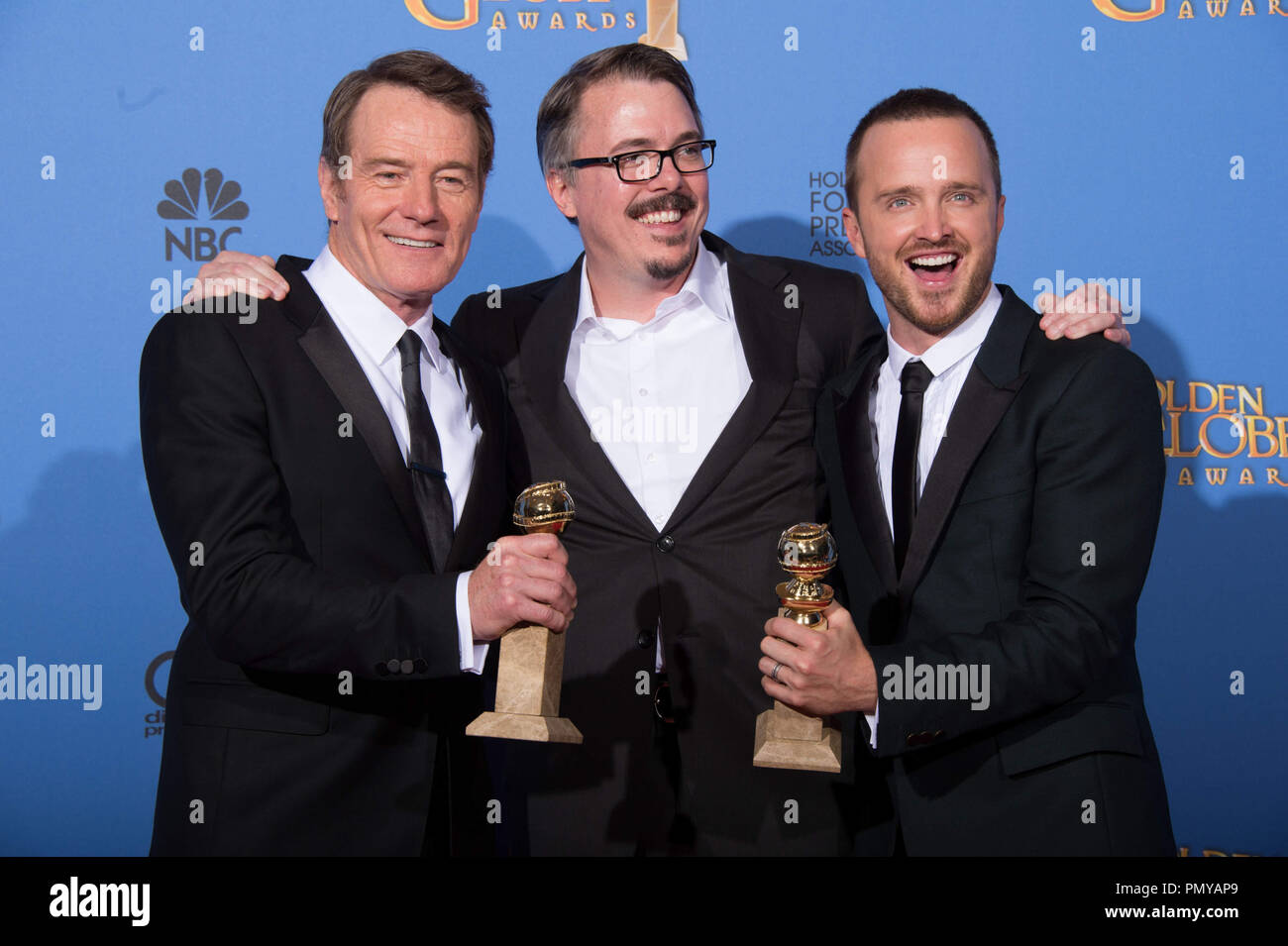 For BEST TELEVISION SERIES – DRAMA, the Golden Globe is awarded to “BREAKING BAD” (AMC), produced by Sony Pictures Television. Bryan Cranston, Vince Gilligan and Aaron Paul pose with the award backstage in the press room at the 71st Annual Golden Globe Awards at the Beverly Hilton in Beverly Hills, CA on Sunday, January 12, 2014.  File Reference # 32222 377JRC  For Editorial Use Only -  All Rights Reserved Stock Photo