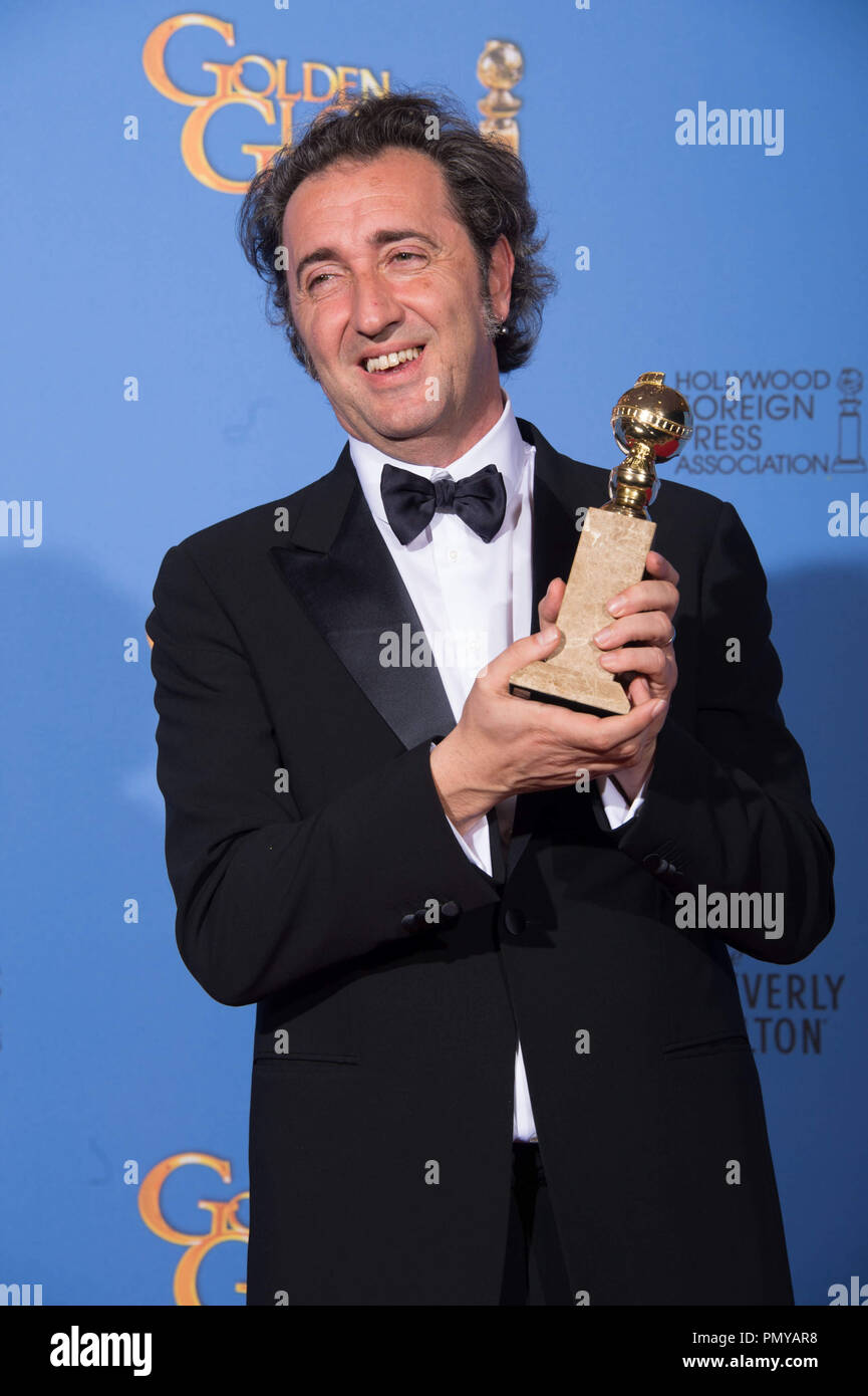 For BEST FOREIGN LANGUAGE FILM, the Golden Globe is awarded to “THE GREAT BEAUTY” (ITALY), produced by (La Grande Bellezza) Indigo Film, Medusa Film, BABE Films; Janus Films. Paolo Sorrentino pose with the award backstage in the press room at the 71st Annual Golden Globe Awards at the Beverly Hilton in Beverly Hills, CA on Sunday, January 12, 2014.  File Reference # 32222 401JRC  For Editorial Use Only -  All Rights Reserved Stock Photo