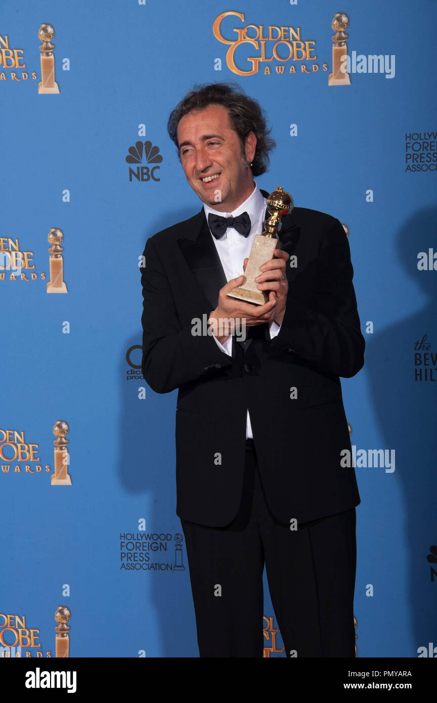 For BEST FOREIGN LANGUAGE FILM, the Golden Globe is awarded to “THE GREAT BEAUTY” (ITALY), produced by (La Grande Bellezza) Indigo Film, Medusa Film, BABE Films; Janus Films. Paolo Sorrentino pose with the award backstage in the press room at the 71st Annual Golden Globe Awards at the Beverly Hilton in Beverly Hills, CA on Sunday, January 12, 2014.  File Reference # 32222 402JRC  For Editorial Use Only -  All Rights Reserved Stock Photo
