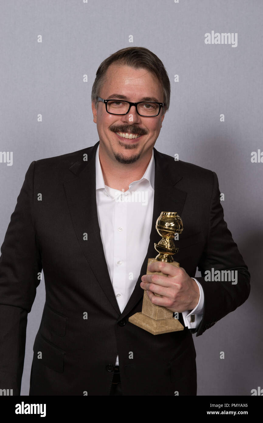 For BEST TELEVISION SERIES – DRAMA, the Golden Globe is awarded to “BREAKING BAD” (AMC), produced by Sony Pictures Television. Vince Gilligan poses with the award backstage in the press room at the 71st Annual Golden Globe Awards at the Beverly Hilton in Beverly Hills, CA on Sunday, January 12, 2014.  File Reference # 32222 458JRC  For Editorial Use Only -  All Rights Reserved Stock Photo