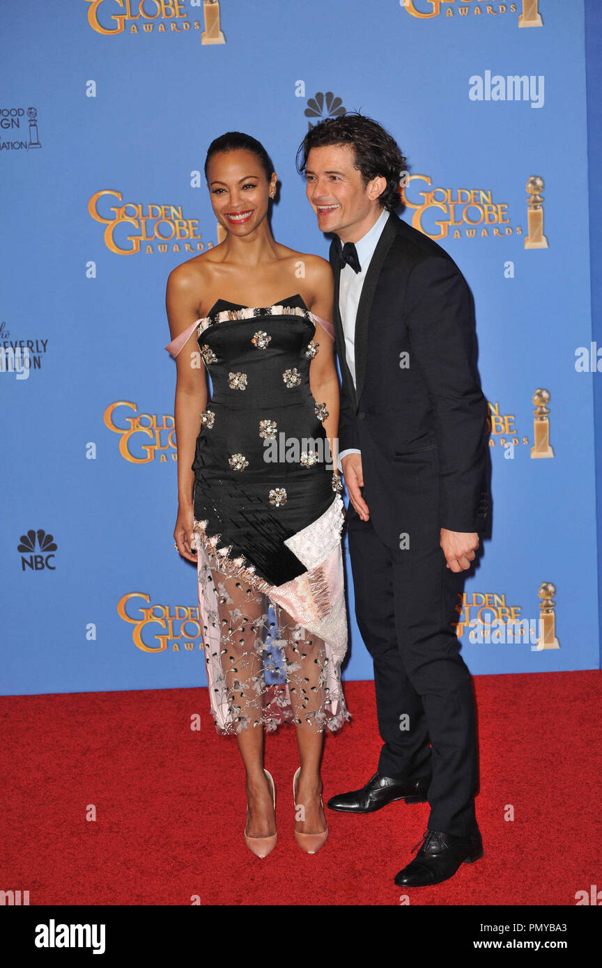 Orlando Bloom & Zoe Saldana at the 2014 Golden Globes at the Beverly Hilton Hotel. Photo by JRC / PictureLux   File Reference # 32222 724JRCPS  For Editorial Use Only -  All Rights Reserved Stock Photo