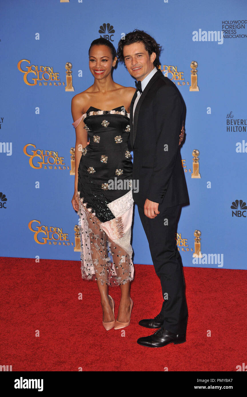 Orlando Bloom & Zoe Saldana at the 2014 Golden Globes at the Beverly Hilton Hotel. Photo by JRC / PictureLux   File Reference # 32222 727JRCPS  For Editorial Use Only -  All Rights Reserved Stock Photo