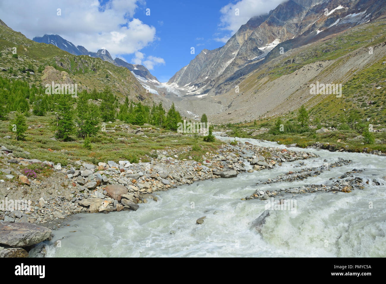 View up the Lochstal Valley and the Lonza glacial stream to the Lotschenlucke Pass in the Bernese Alps, Switzerland Stock Photo