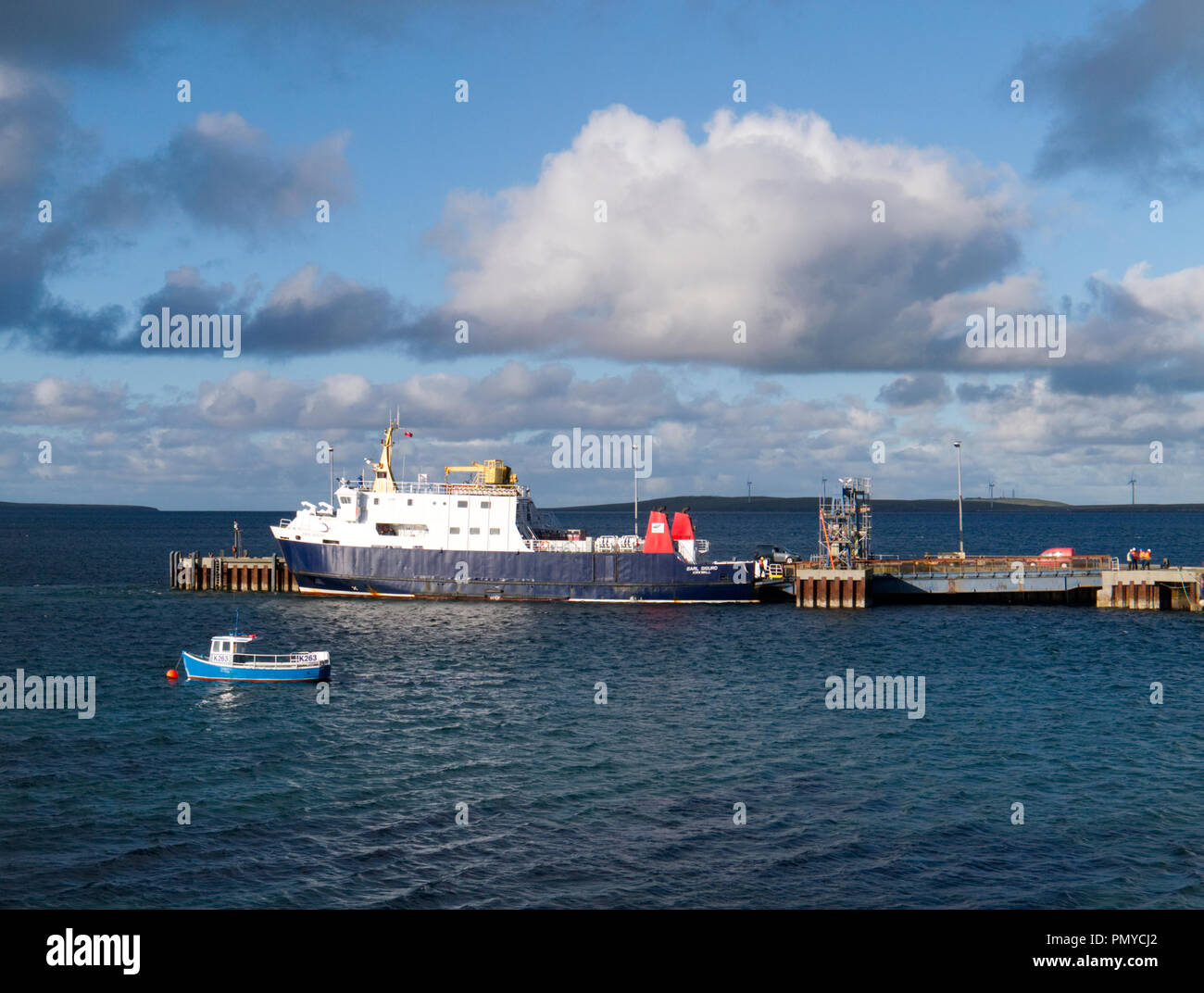 Orkney ferry at Isle of Eday pier Stock Photo