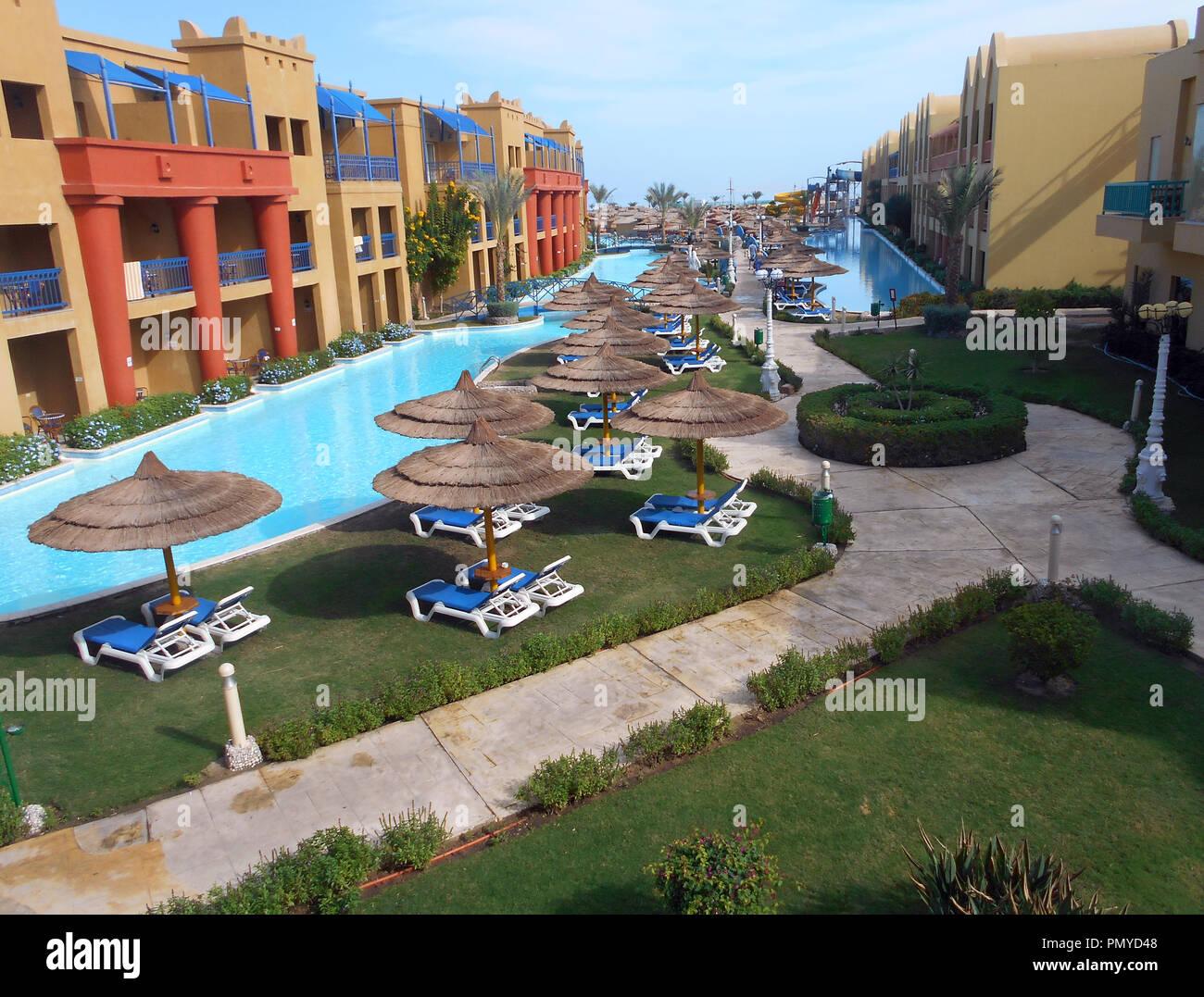 The lower level apartments and extensive facilities at one of the many hotels at the Red Sea holiday resort, Hurghada, in Egypt. Stock Photo
