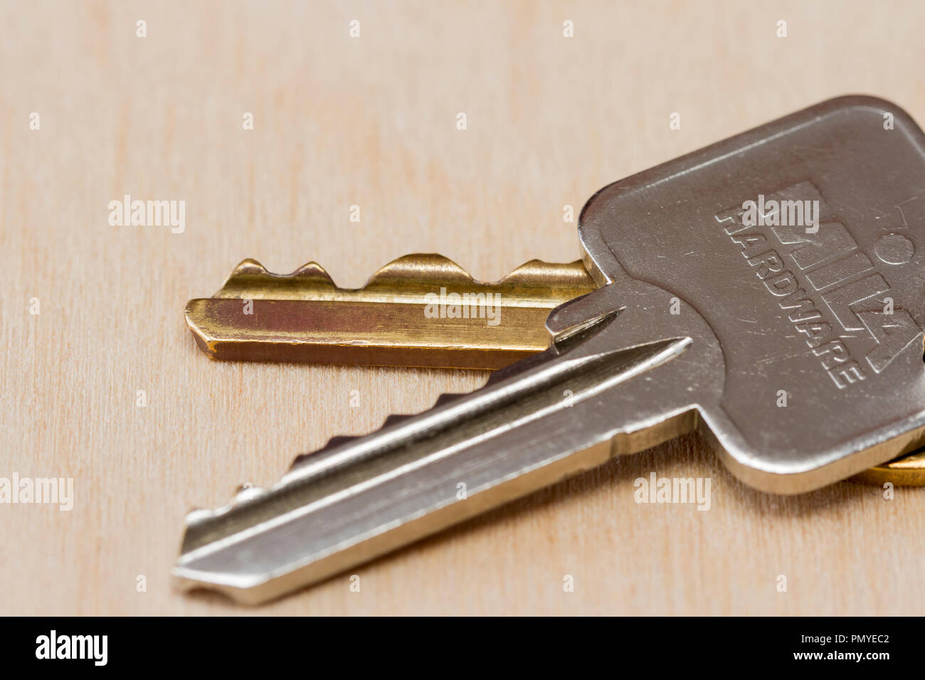 Two keys close up on a light wood background Stock Photo