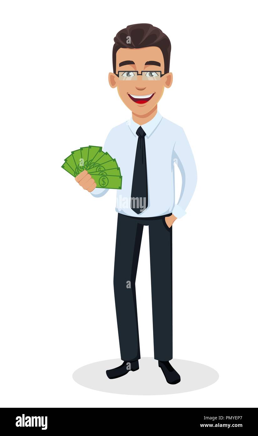 Business man cartoon character holding money. Young handsome smiling  businessman in office style clothes - stock vector Stock Vector Image & Art  - Alamy