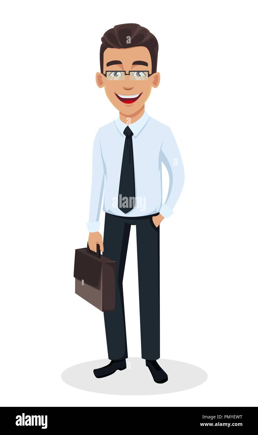 Business man cartoon character holding suitcase. Young handsome smiling  businessman in office style clothes - stock vector Stock Vector Image & Art  - Alamy