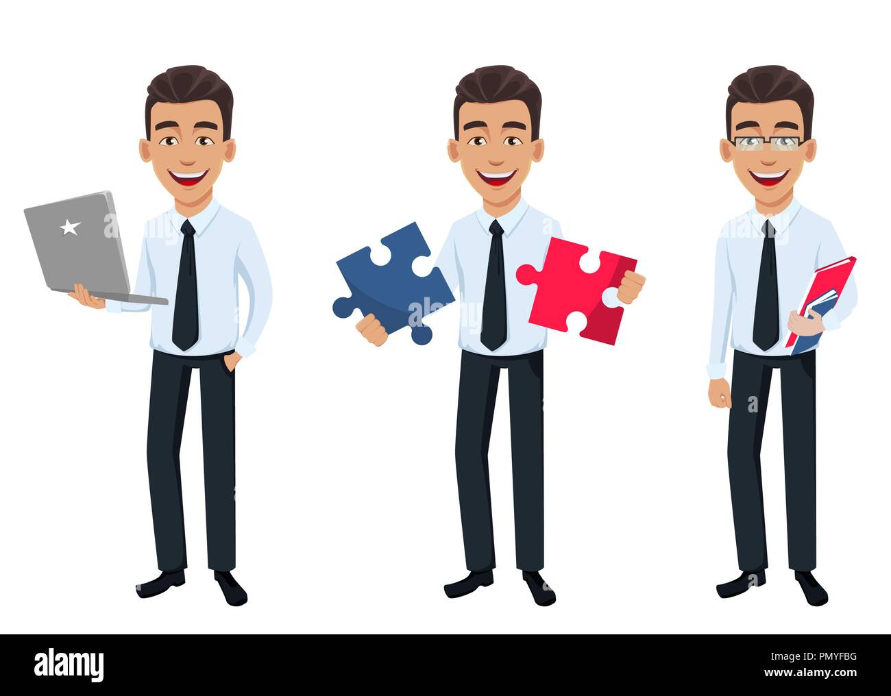 Business Man Set Of Three Poses Cartoon Character Holding Laptop 2 Pieces Of Puzzle And Holding Documents Young Handsome Smiling Businessman In Of Stock Vector Image Art Alamy