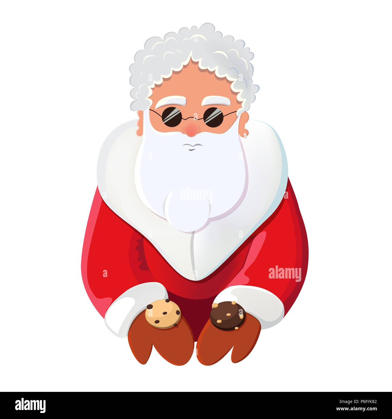 Santa Claus character offering cookies. Alternative Santa vector illustration.Stylized Santa wearing sunglasses as an element for secret Santa party. Stock Vector