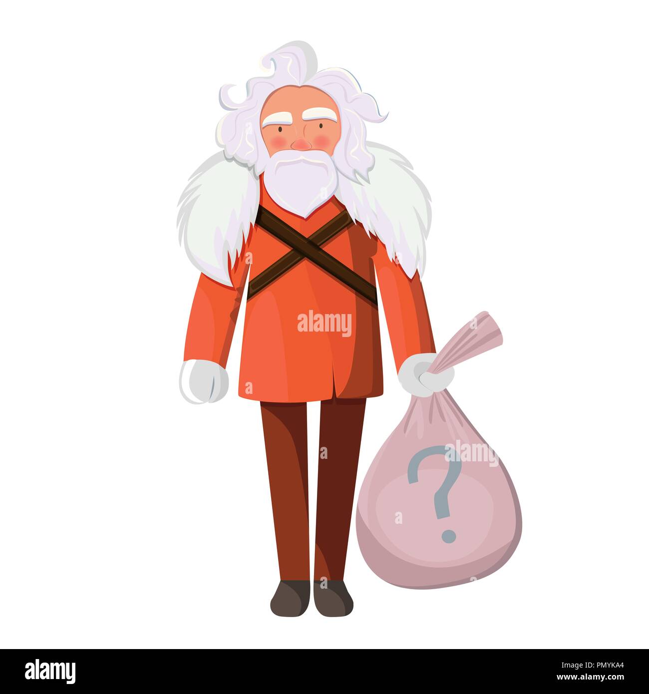 Stylish Santa Claus with bag of gifts. Secret Santa party concept. Old man with bag isolated on white background. Stock Vector