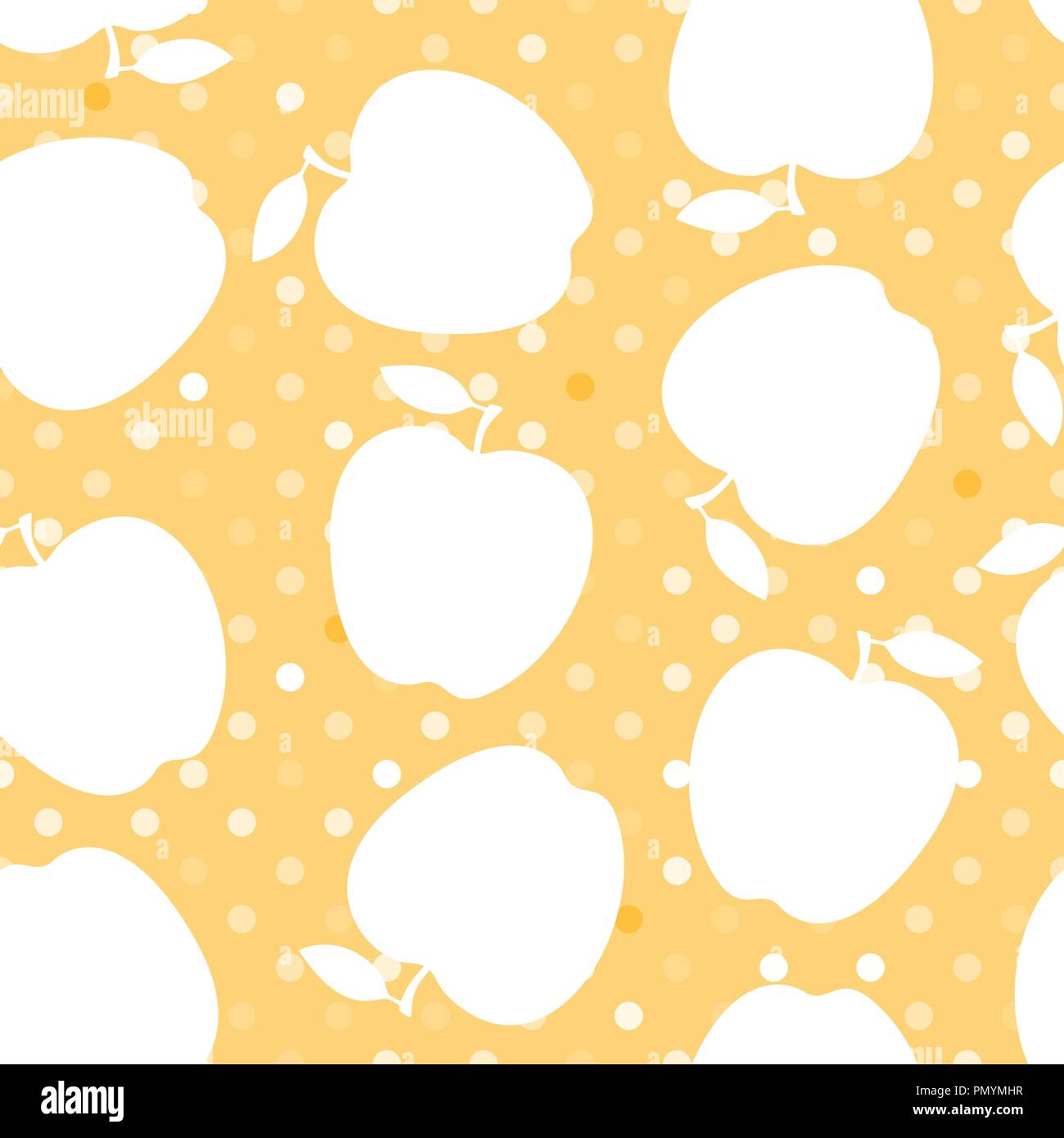 Apple white silhouette on a yellow polka dot. Seamless pattern. Vector illustration. Stock Vector