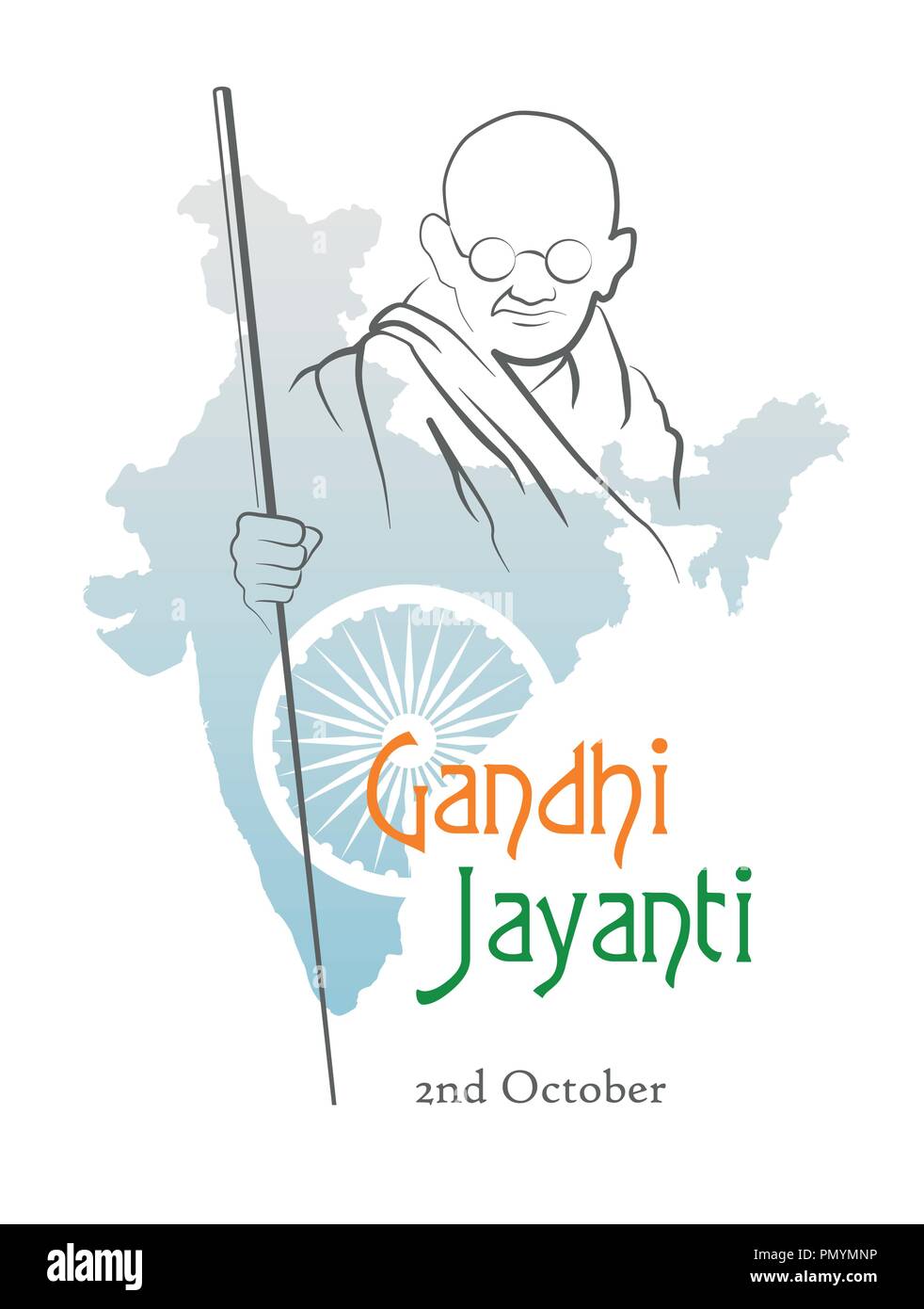 October 2. Gandhi Jayanti. India. Abstract sketch of Mahatma Gandhi with Ashoka Chakra on the silhouette of the map of India. Vector illustration. Stock Vector