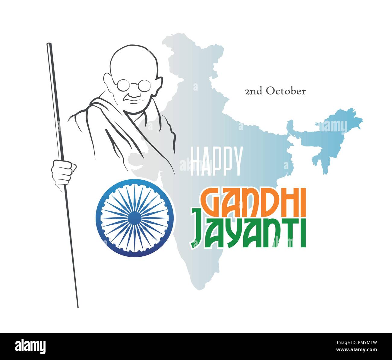 October 2. Happy Gandhi Jayanti. Abstract sketch of Mahatma Gandhi with Ashoka Chakra on the silhouette of the map of India. Vector illustration. Stock Vector